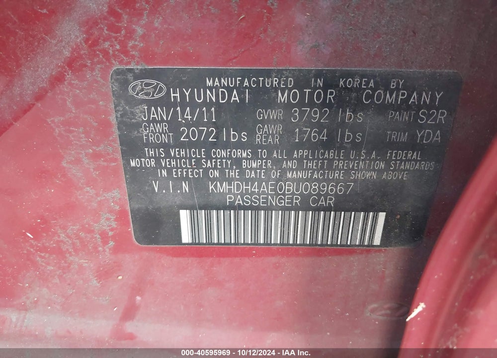2011 HYUNDAI ELANTRA GLS (ULSAN PLANT) VIN: KMHDH4AE0BU089667