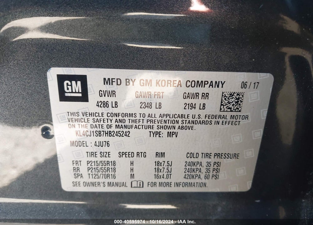2017 BUICK ENCORE SPORT TOURING VIN: KL4CJ1SB7HB245242