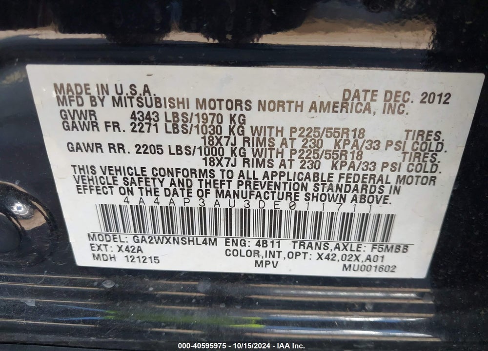 2013 MITSUBISHI OUTLANDER SPORT ES VIN: 4A4AP3AU3DE011711