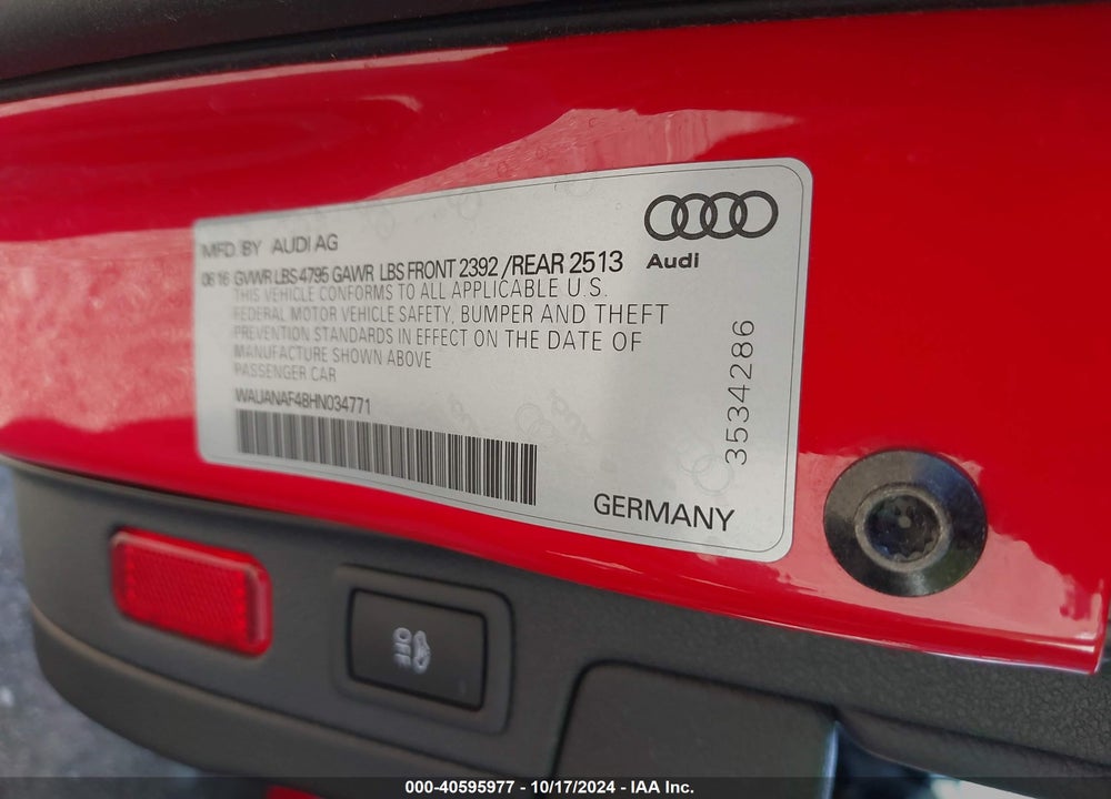 2017 AUDI A4 2.0T PREMIUM VIN: WAUANAF48HN034771