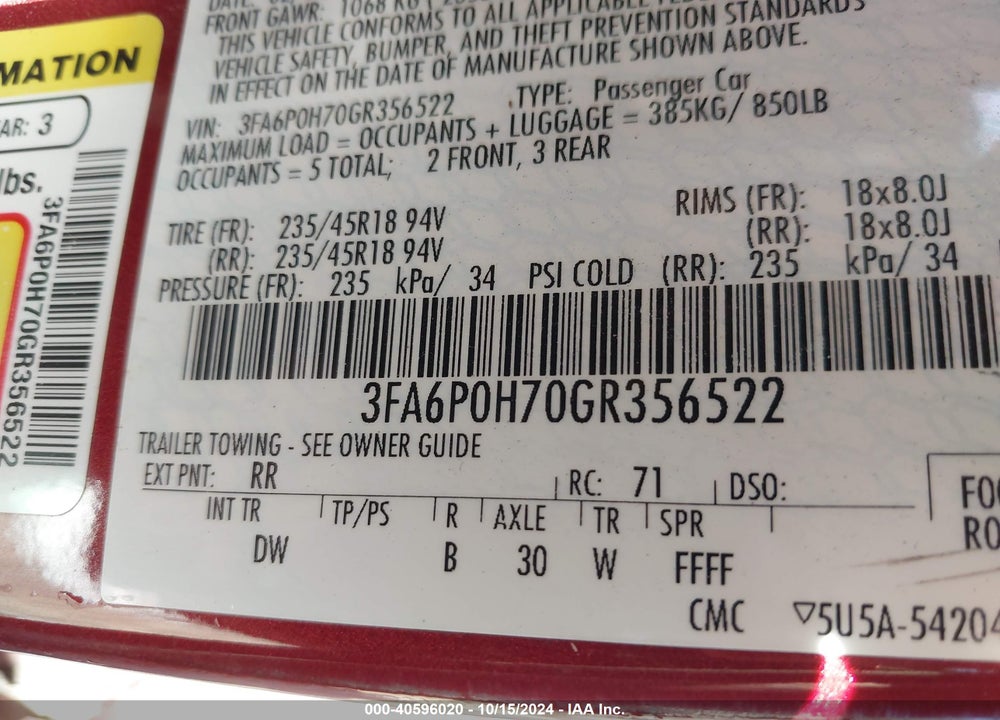 2016 FORD FUSION SE VIN: 3FA6P0H70GR356522