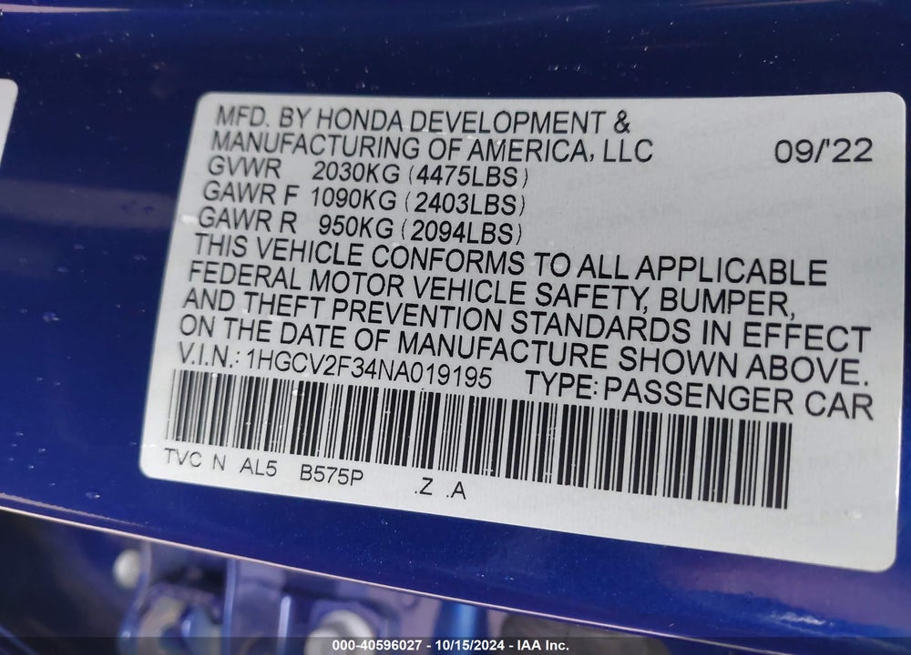 2022 HONDA ACCORD SPORT 2.0T VIN: 1HGCV2F34NA019195