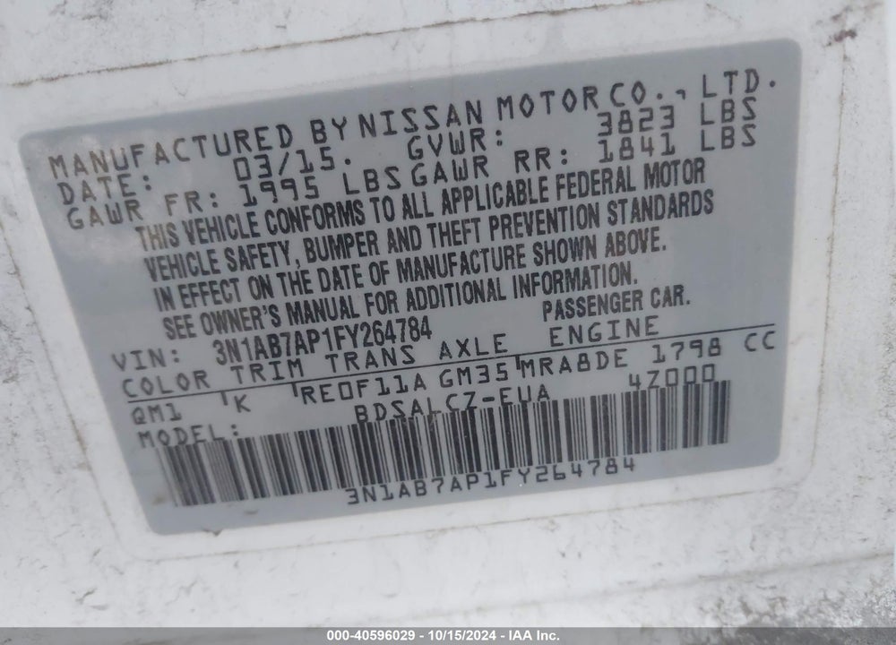 2015 NISSAN SENTRA S VIN: 3N1AB7AP1FY264784