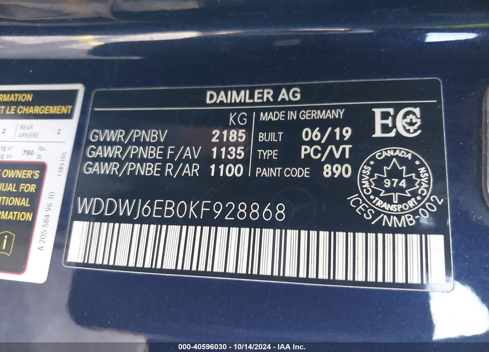2019 MERCEDES-BENZ AMG C 43 4MATIC VIN: WDDWJ6EB0KF928868