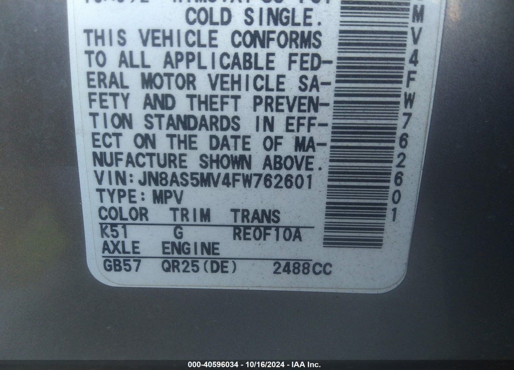 2015 NISSAN ROGUE SELECT S VIN: JN8AS5MV4FW762601