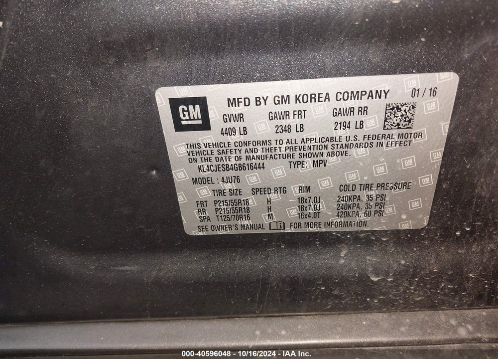 2016 BUICK ENCORE VIN: KL4CJESB4GB616444