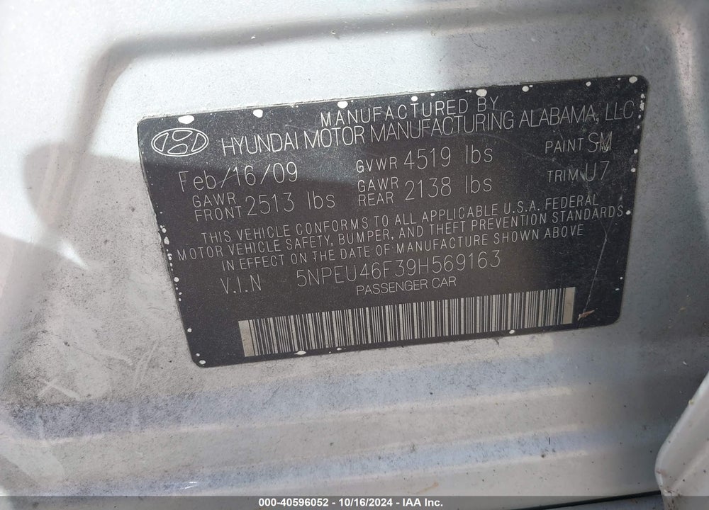 2009 HYUNDAI SONATA LIMITED V6 VIN: 5NPEU46F39H569163