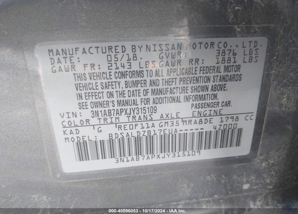 2018 NISSAN SENTRA SV VIN: 3N1AB7APXJY315109