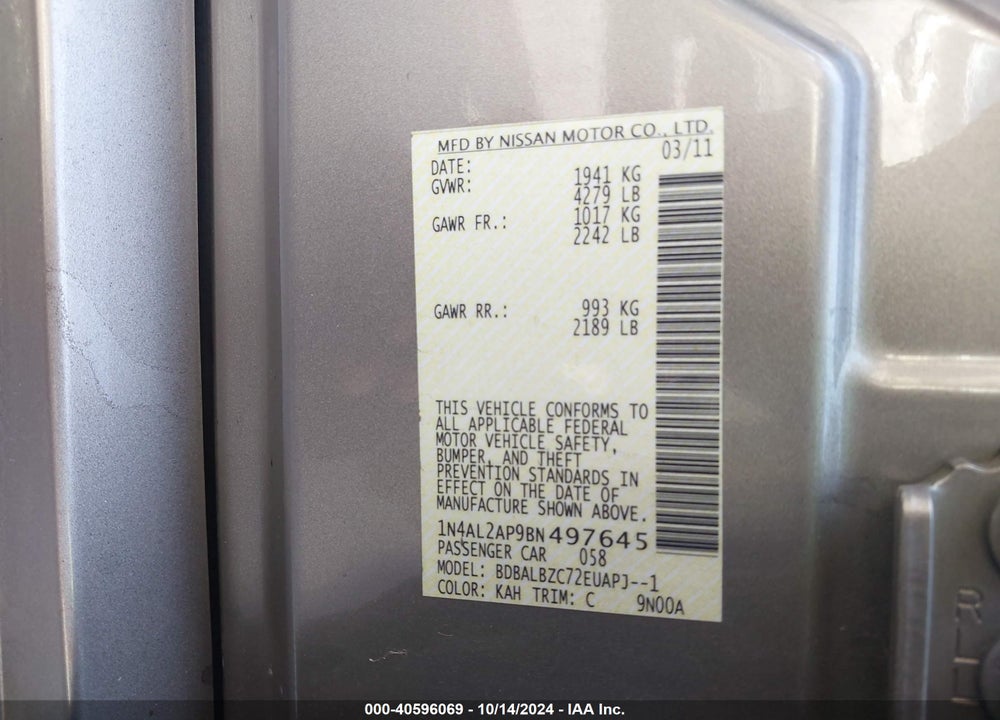 2011 NISSAN ALTIMA 2.5 S VIN: 1N4AL2AP9BN497645