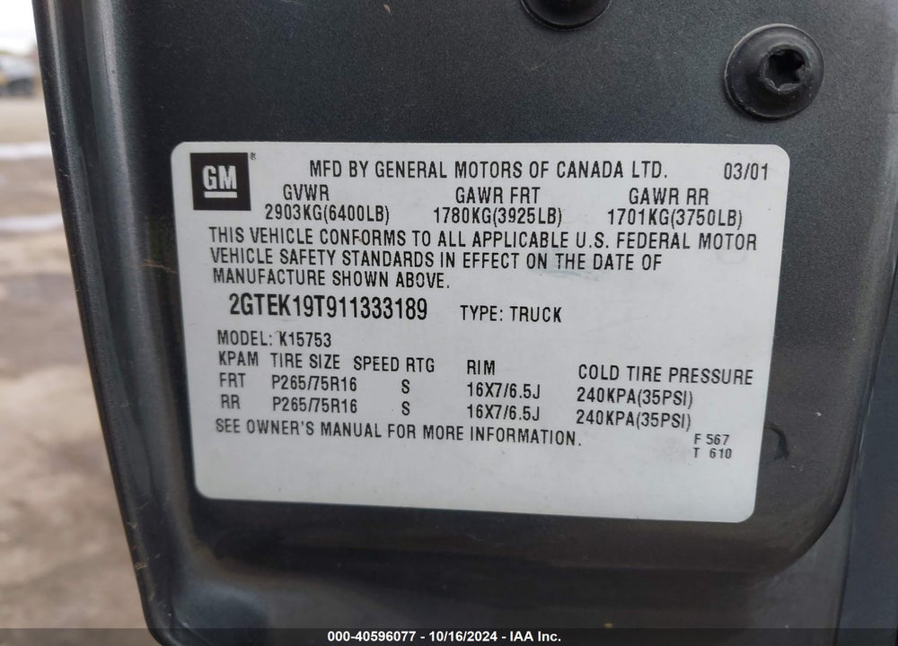 2001 GMC SIERRA 1500 SLE VIN: 2GTEK19T911333189