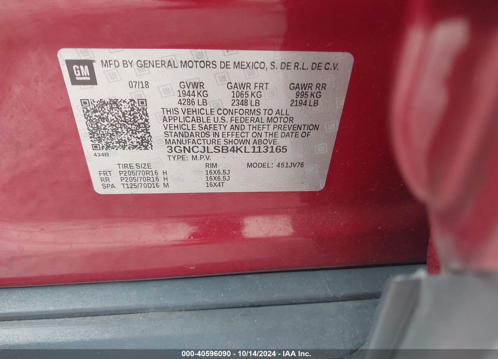 2019 CHEVROLET TRAX LT VIN: 3GNCJLSB4KL113165