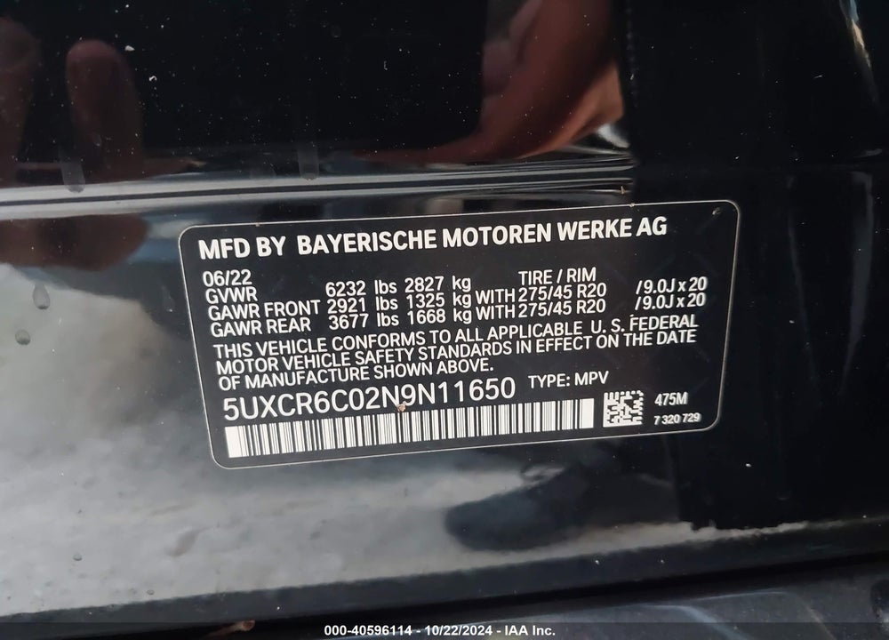 2022 BMW X5 XDRIVE40I VIN: 5UXCR6C02N9N11650