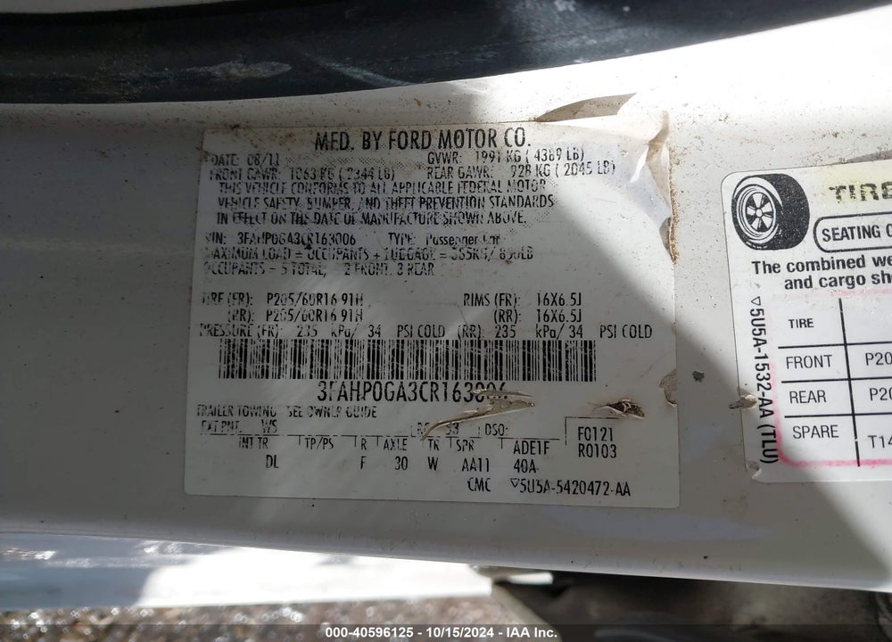 2012 FORD FUSION S VIN: 3FAHP0GA3CR163006