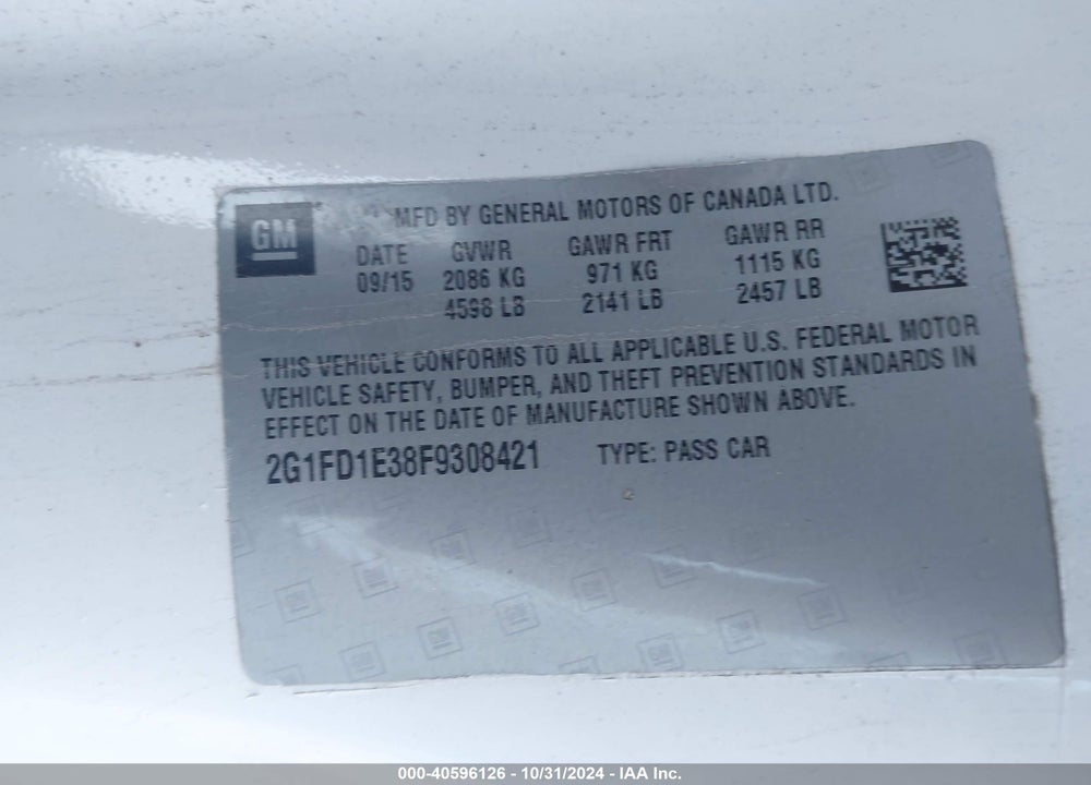2015 CHEVROLET CAMARO 1LT VIN: 2G1FD1E38F9308421