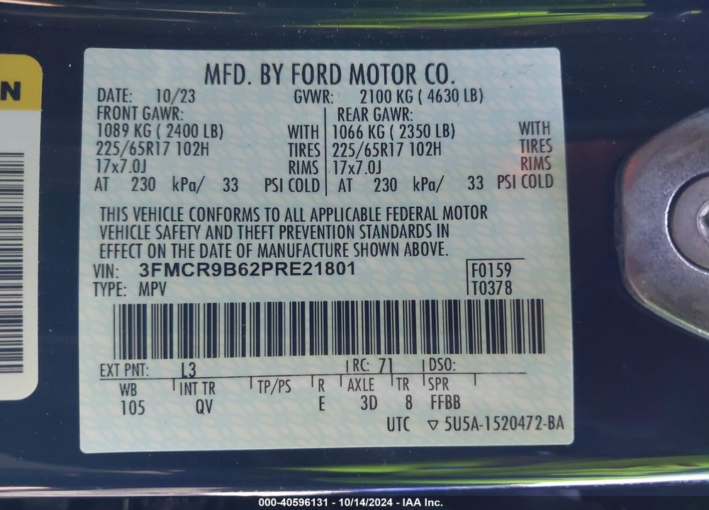 2023 FORD BRONCO SPORT BIG BEND VIN: 3FMCR9B62PRE21801