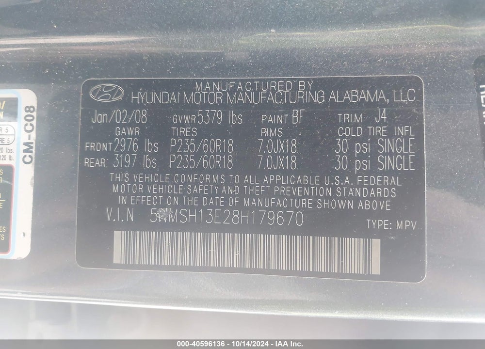 2008 HYUNDAI SANTA FE LIMITED/SE VIN: 5NMSH13E28H179670