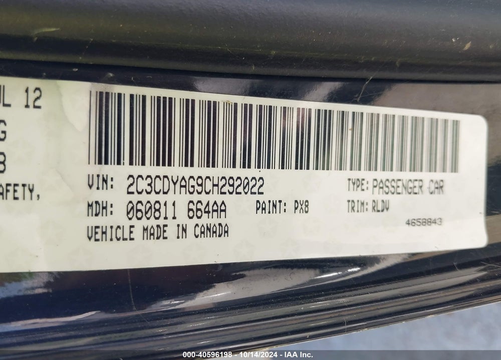 2012 DODGE CHALLENGER SXT VIN: 2C3CDYAG9CH292022