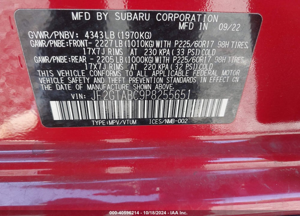 2023 SUBARU CROSSTREK VIN: JF2GTABC9P8255651