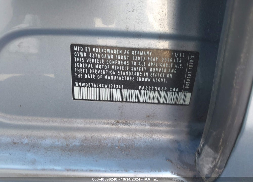 2012 VOLKSWAGEN GOLF 2.5L 4-DOOR VIN: WVWDB7AJ4CW171363