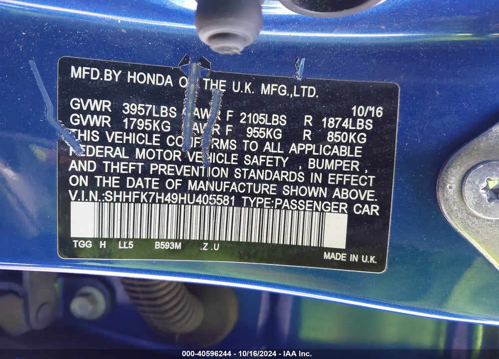 2017 HONDA CIVIC SPORT VIN: SHHFK7H49HU405581