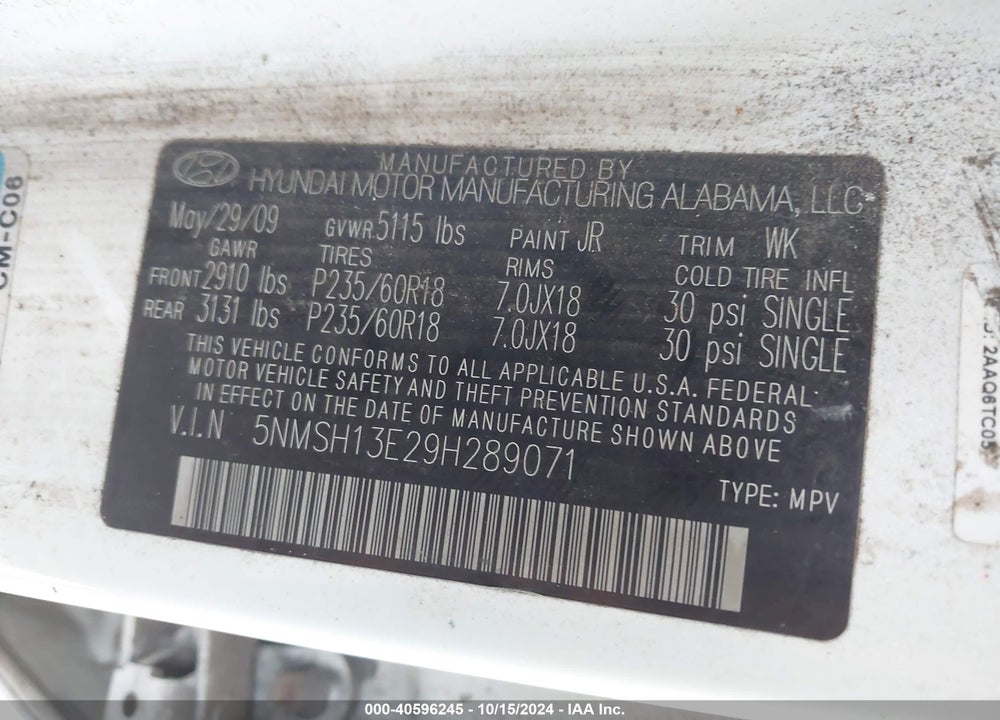 2009 HYUNDAI SANTA FE LIMITED VIN: 5NMSH13E29H289071