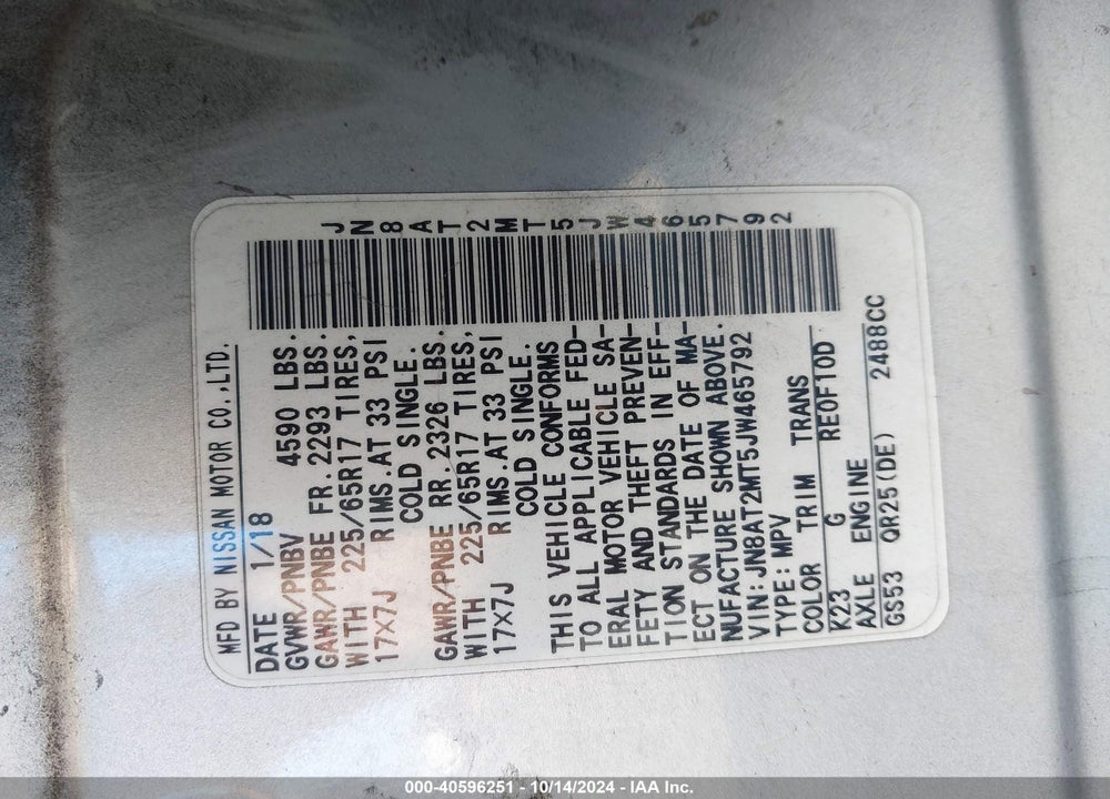2018 NISSAN ROGUE SV VIN: JN8AT2MT5JW465792
