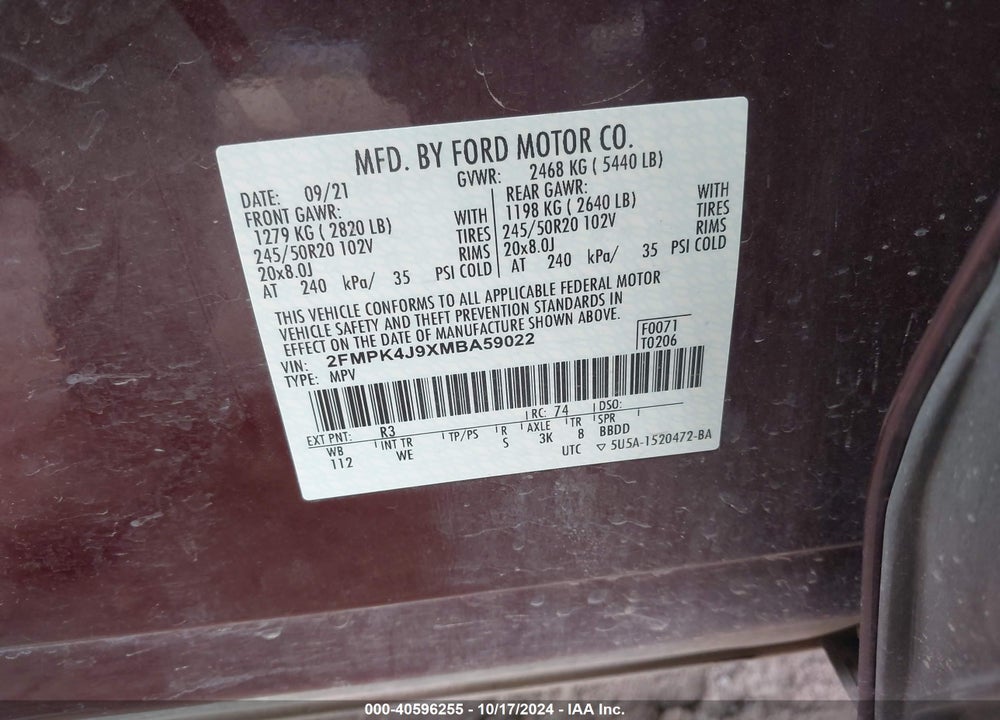 2021 FORD EDGE ST-LINE VIN: 2FMPK4J9XMBA59022