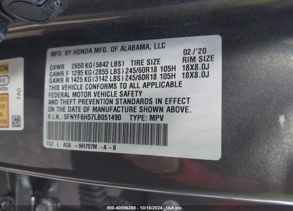 2020 HONDA PILOT AWD EX-L VIN: 5FNYF6H57LB051490