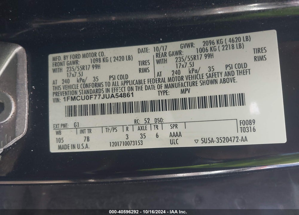 2018 FORD ESCAPE S VIN: 1FMCU0F77JUA54861