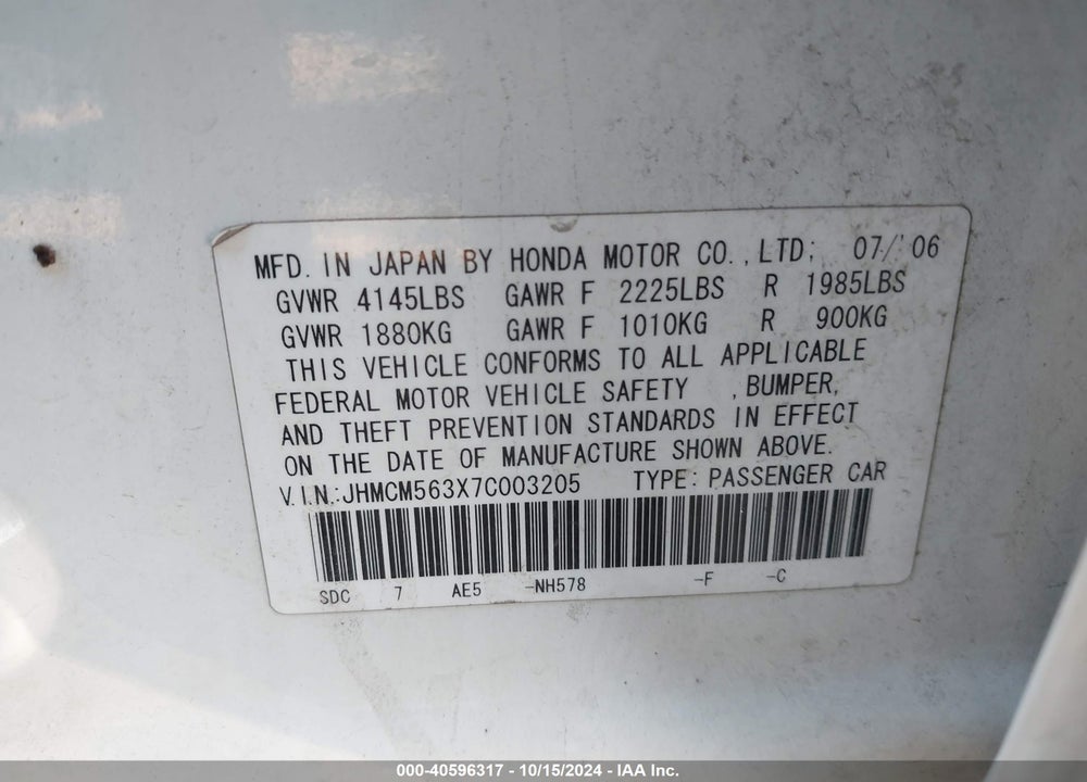 2007 HONDA ACCORD 2.4 SE VIN: JHMCM563X7C003205