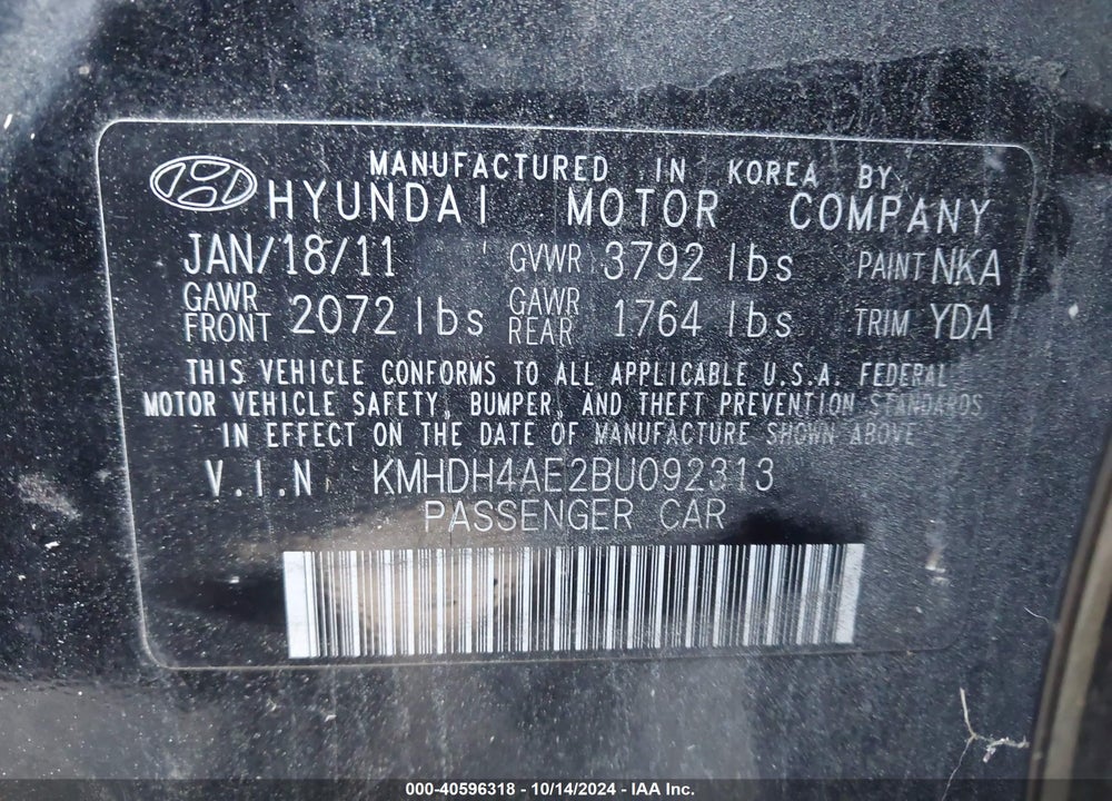 2011 HYUNDAI ELANTRA GLS (ULSAN PLANT) VIN: KMHDH4AE2BU092313