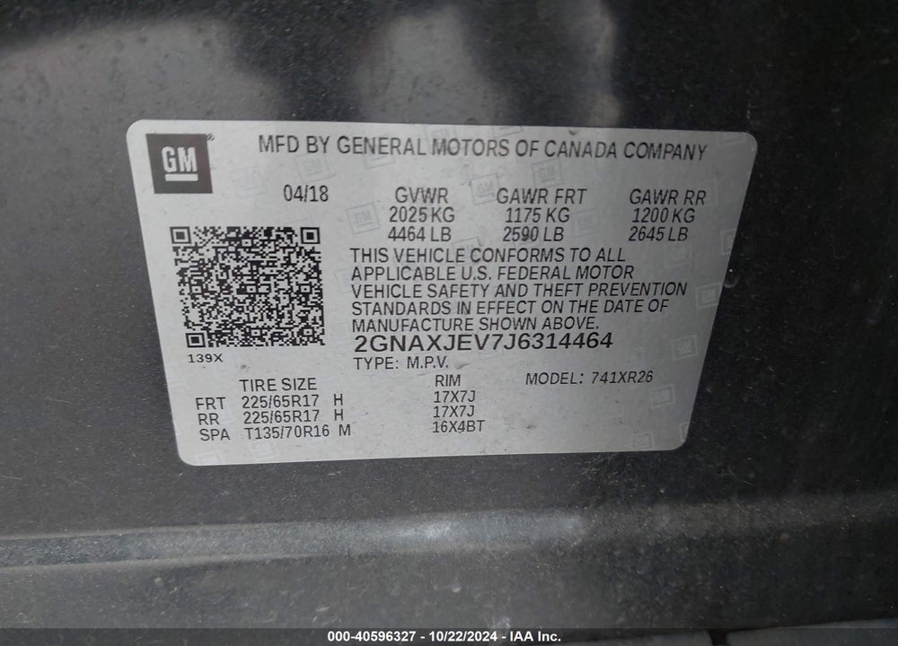 2018 CHEVROLET EQUINOX LT VIN: 2GNAXJEV7J6314464