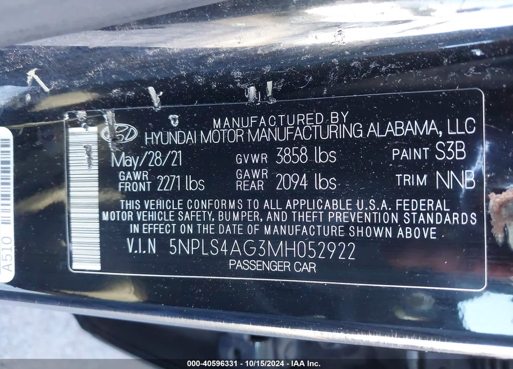 2021 HYUNDAI ELANTRA SEL VIN: 5NPLS4AG3MH052922
