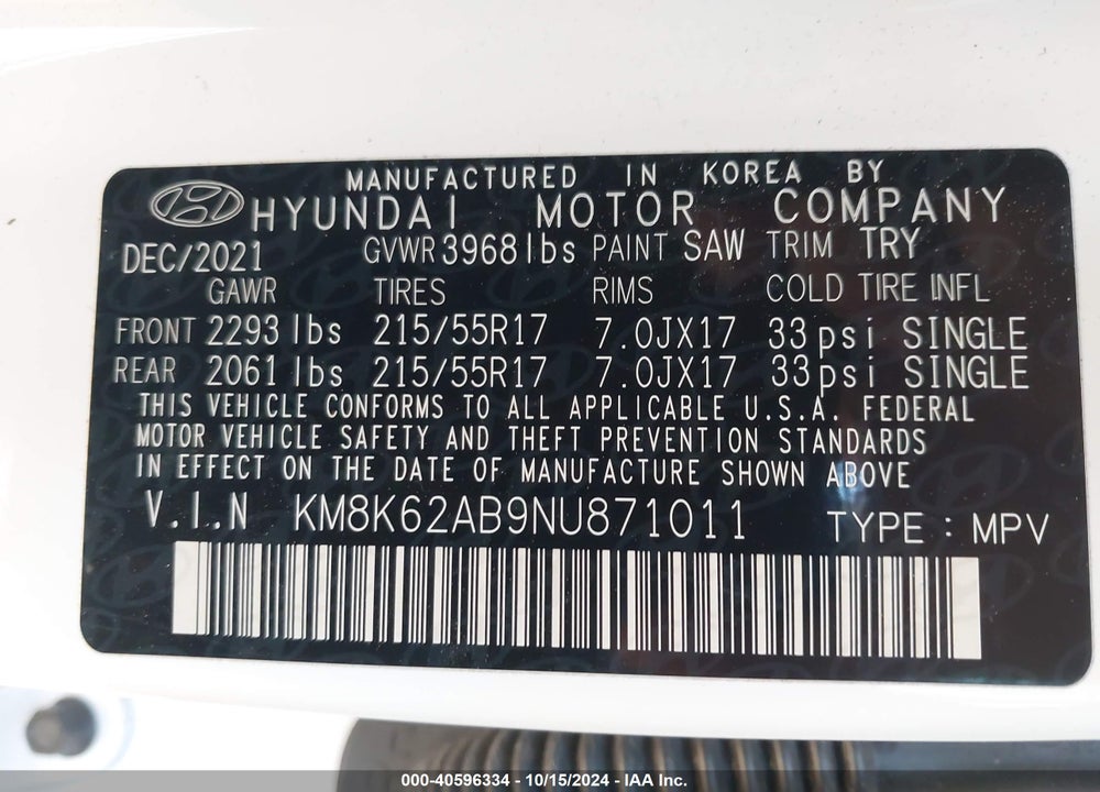 2022 HYUNDAI KONA SEL VIN: KM8K62AB9NU871011