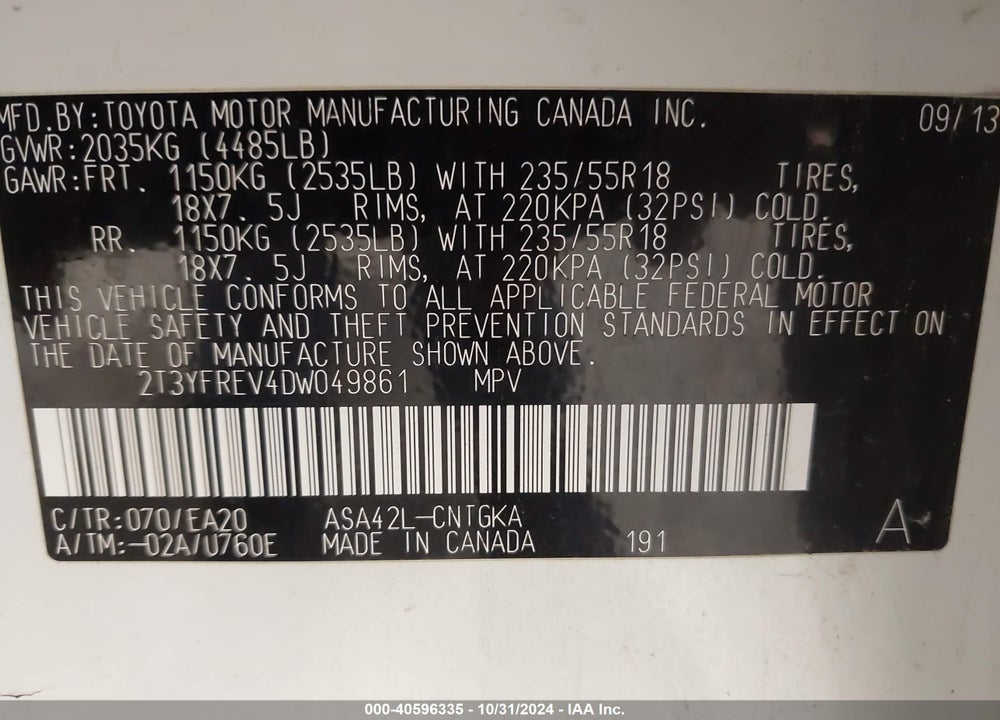 2013 TOYOTA RAV4 LIMITED VIN: 2T3YFREV4DW049861