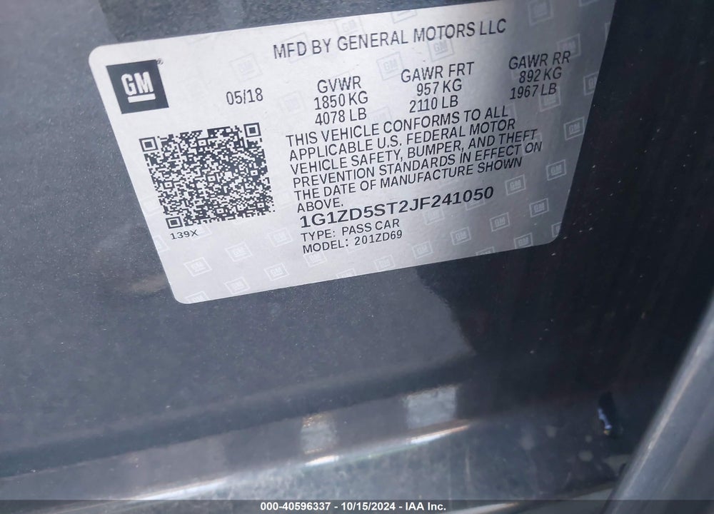 2018 CHEVROLET MALIBU LT VIN: 1G1ZD5ST2JF241050