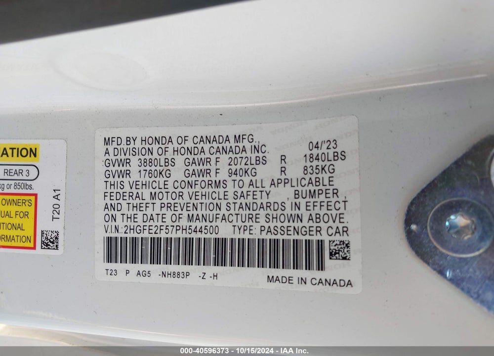 2023 HONDA CIVIC SPORT VIN: 2HGFE2F57PH544500