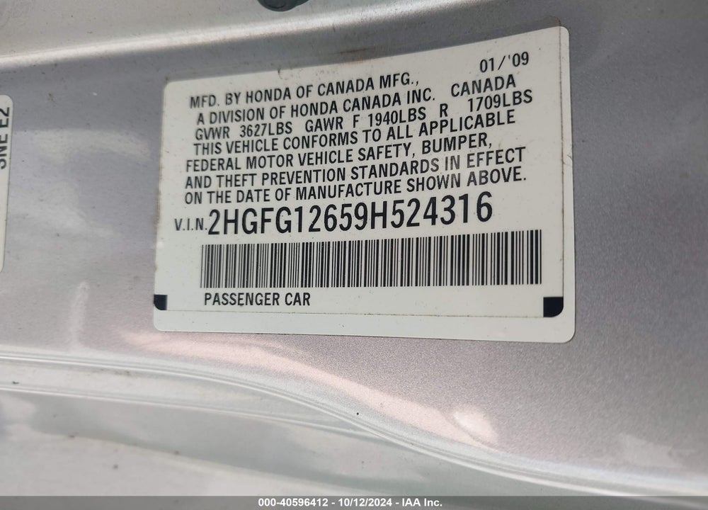 2009 HONDA CIVIC LX VIN: 2HGFG12659H524316