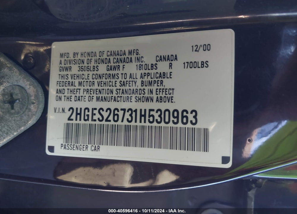 2001 HONDA CIVIC EX VIN: 2HGES26731H530963
