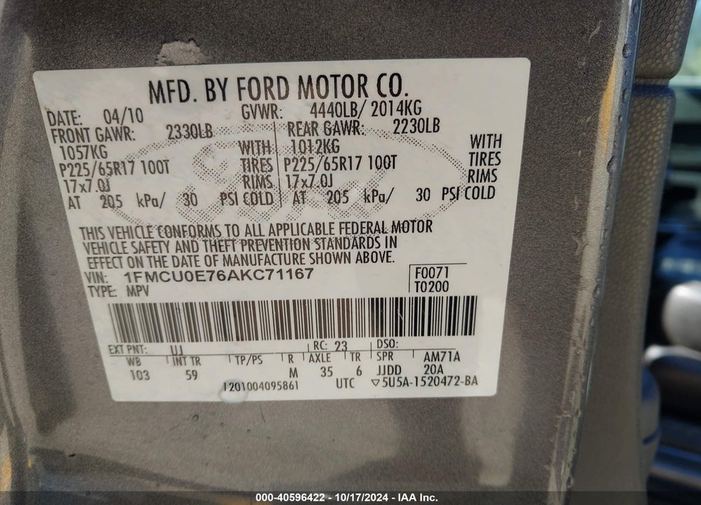 2010 FORD ESCAPE LIMITED VIN: 1FMCU0E76AKC71167