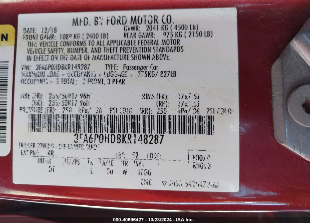 2019 FORD FUSION SE VIN: 3FA6P0HD8KR148287