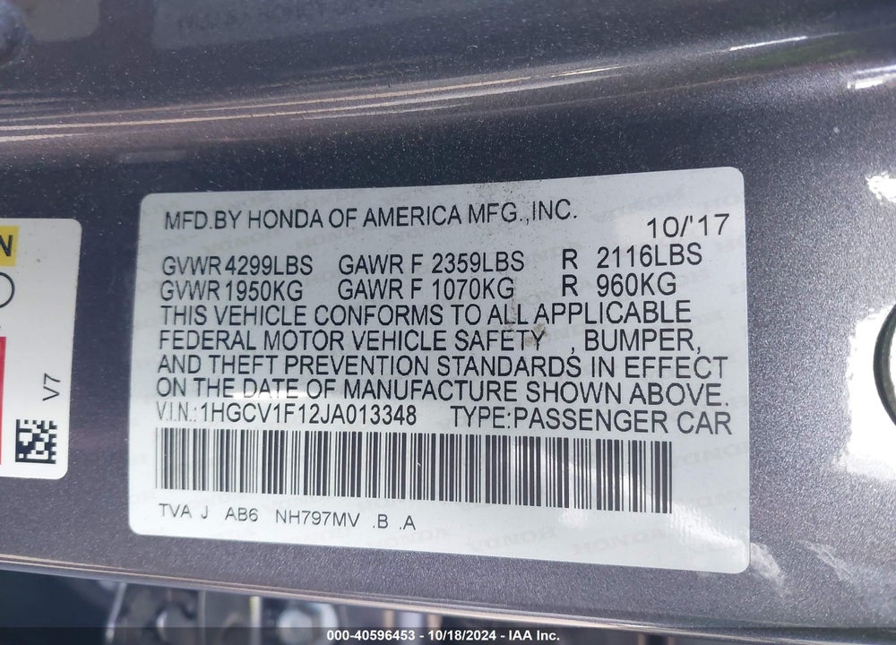 2018 HONDA ACCORD LX VIN: 1HGCV1F12JA013348
