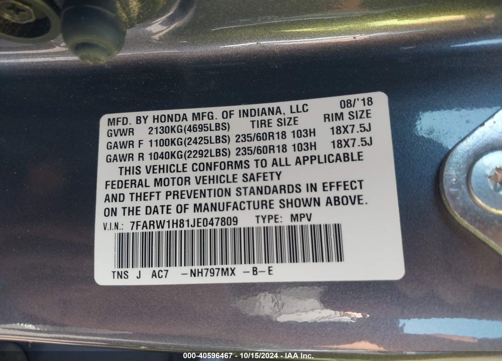 2018 HONDA CR-V EX-L/EX-L NAVI VIN: 7FARW1H81JE047809