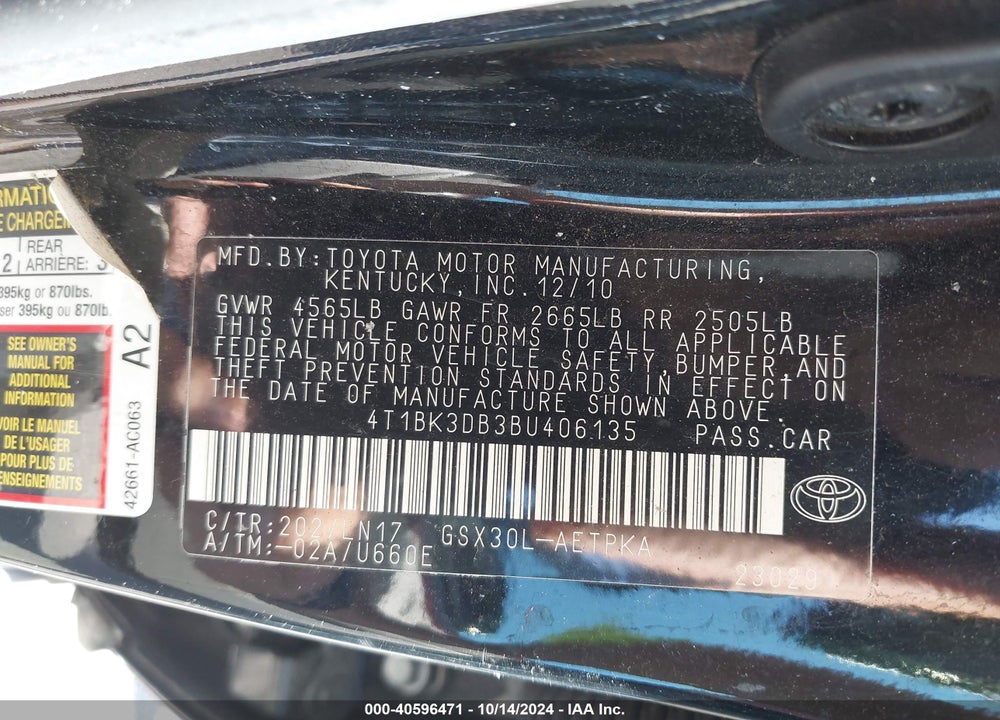 2011 TOYOTA AVALON LIMITED VIN: 4T1BK3DB3BU406135
