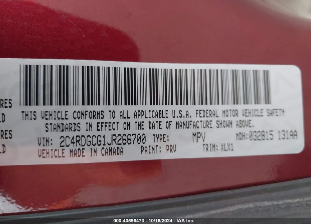 2018 DODGE GRAND CARAVAN SXT VIN: 2C4RDGCG1JR266700