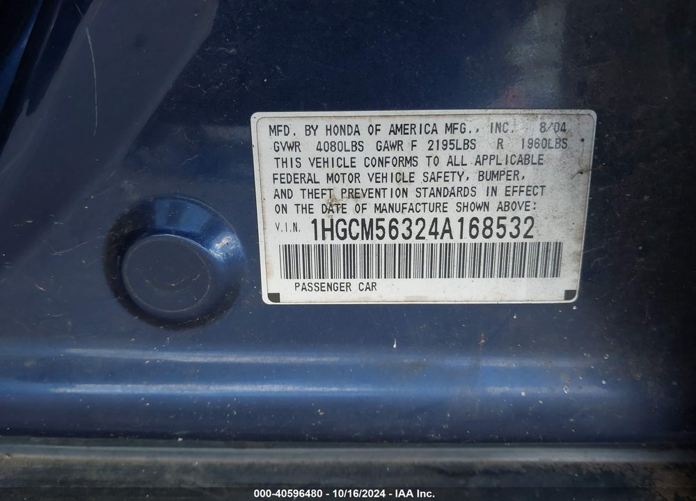2004 HONDA ACCORD 2.4 LX VIN: 1HGCM56324A168532