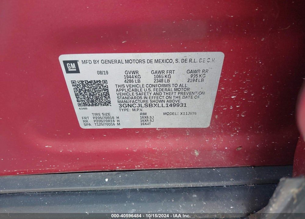 2020 CHEVROLET TRAX FWD LT VIN: 3GNCJLSBXLL149931