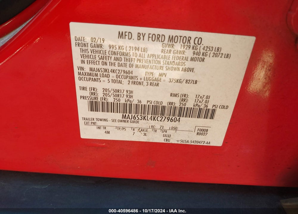 2019 FORD ECOSPORT TITANIUM VIN: MAJ6S3KL4KC279604