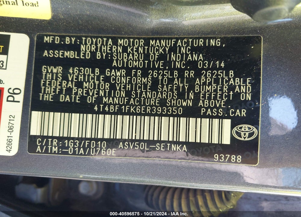 2014 TOYOTA CAMRY LE VIN: 4T4BF1FK6ER393350