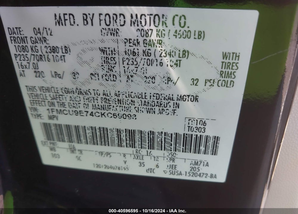 2012 FORD ESCAPE LIMITED VIN: 1FMCU9E74CKC69098